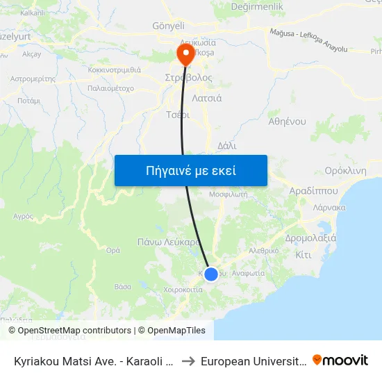Kyriakou Matsi Ave. - Karaoli Kai Dimitriou to European University Cyprus map