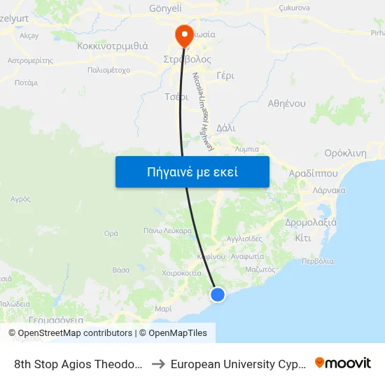 8th Stop Ag. Theodoros to European University Cyprus map