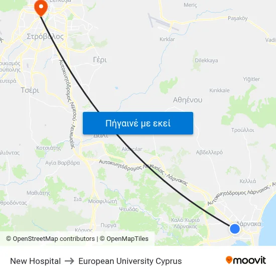 New Hospital to European University Cyprus map