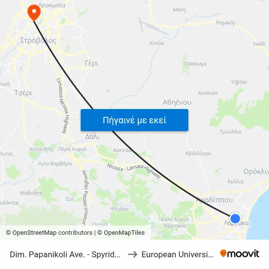 Dim. Papanikoli Ave. - Spyridonos Trikoupi to European University Cyprus map