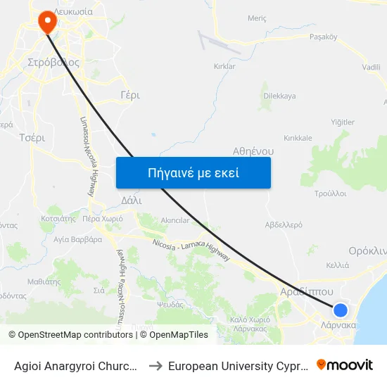 Ag. Anargyroi Church to European University Cyprus map