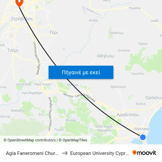 Agia Faneromeni Church to European University Cyprus map