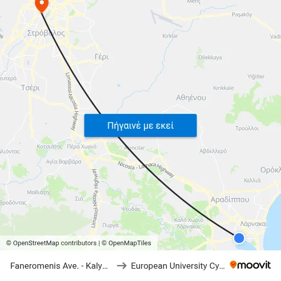 Faneromenis Ave. - Kalymnou to European University Cyprus map