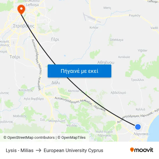 Lysis - Milias to European University Cyprus map