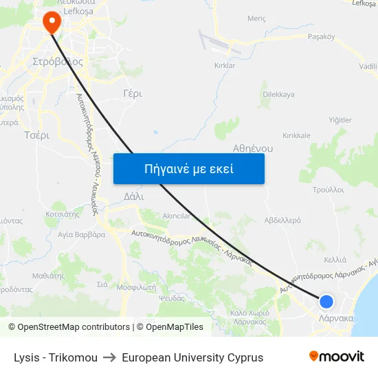 Lysis - Trikomou to European University Cyprus map