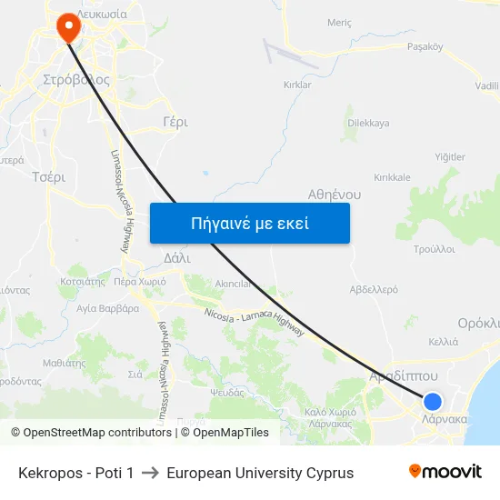 Kekropos - Poti to European University Cyprus map
