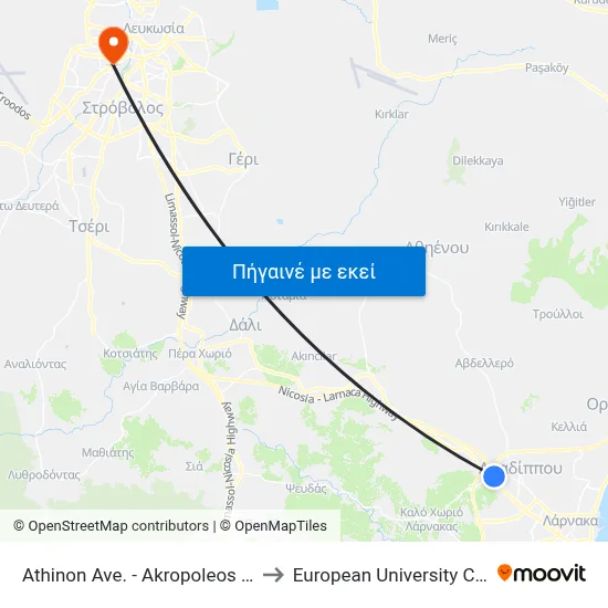 Athinon Ave. - Akropoleos Ave. to European University Cyprus map