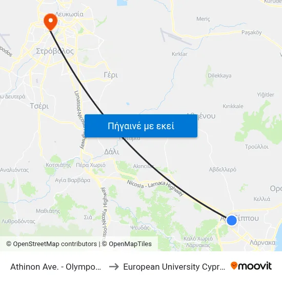 Athinon Ave. - Olympou to European University Cyprus map