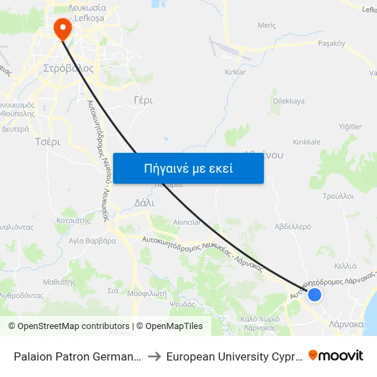 Palaion Patron Germanou to European University Cyprus map