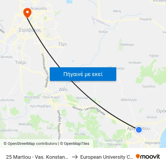 25 Martiou - Vas. Konstantinou to European University Cyprus map