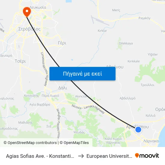 Ag. Sofias Ave. - Konstantinou Davaki to European University Cyprus map
