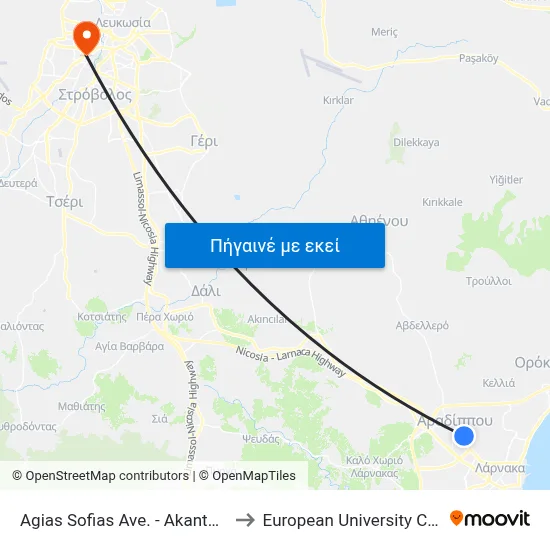Ag. Sofias Ave. - Akanthous to European University Cyprus map