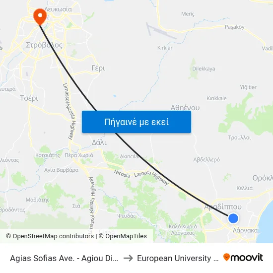 Ag. Sofias Ave. - Ag. Dimitriou to European University Cyprus map