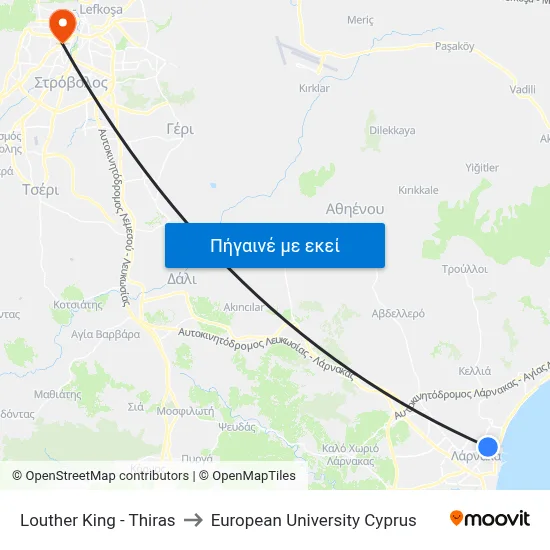 Louther King - Thiras to European University Cyprus map