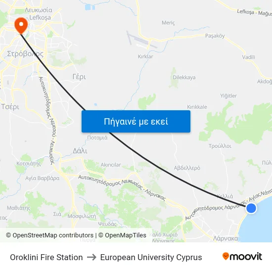 Oroklini Fire Station to European University Cyprus map