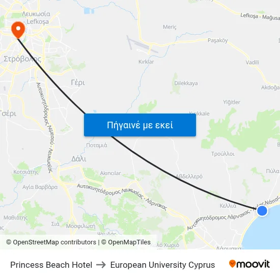 Princess Beach Hotel to European University Cyprus map