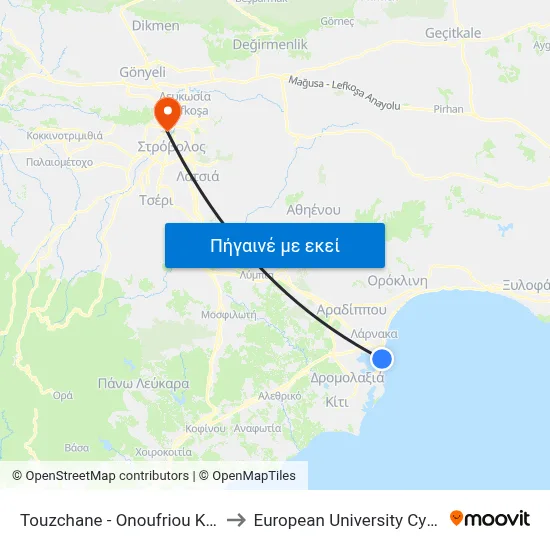 Touzchane - Onoufriou Kliridi to European University Cyprus map