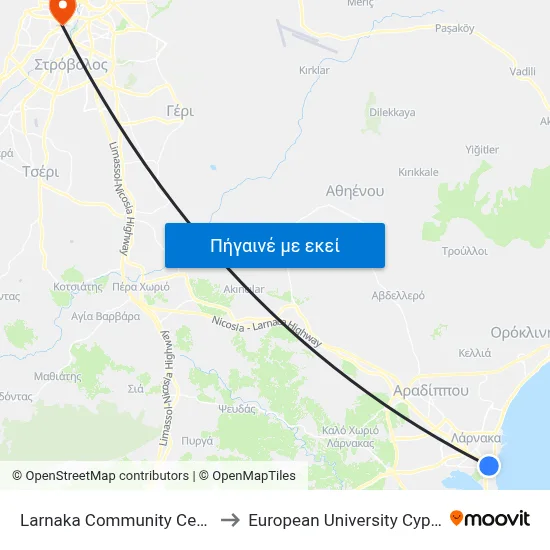 Larnaka Community Centre to European University Cyprus map