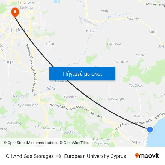 Oil And Gas Storages to European University Cyprus map