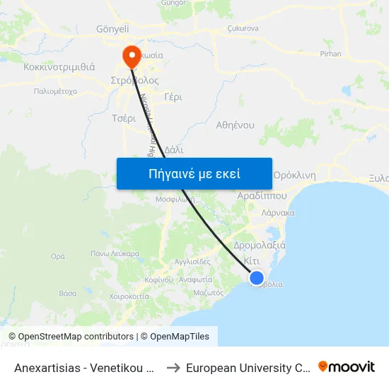 Anexartisias - Venetikou Pyrgou to European University Cyprus map