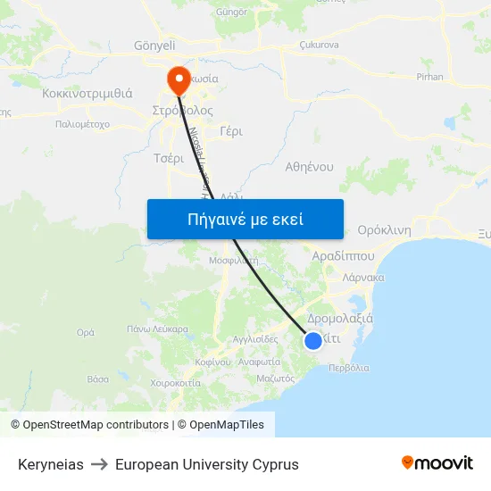 Keryneias to European University Cyprus map