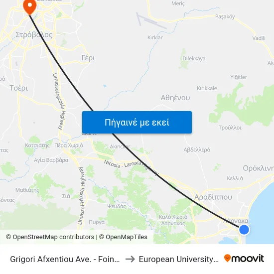 Grigori Afxentiou Ave. - Foinikoudes 1 to European University Cyprus map