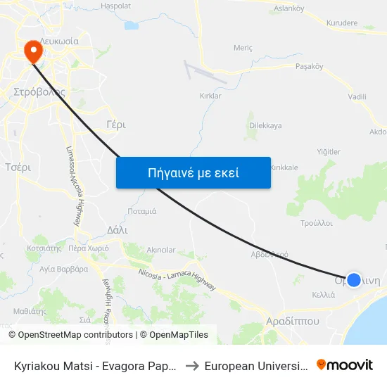 Kyriakou Matsi - Evagora Papachristoforou to European University Cyprus map