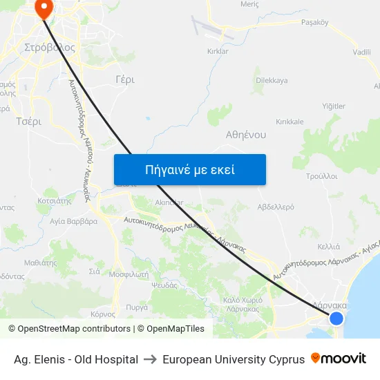 Ag. Elenis - Old Hospital to European University Cyprus map