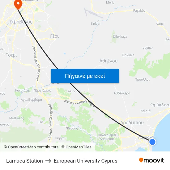 Larnaca Station to European University Cyprus map