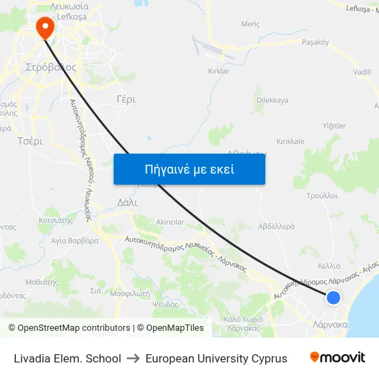 Livadia Elem. School to European University Cyprus map