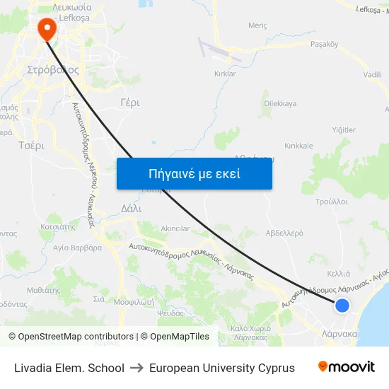 Livadia Elem. School to European University Cyprus map