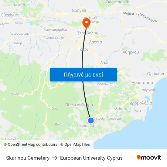 Skarinou Cemetery to European University Cyprus map
