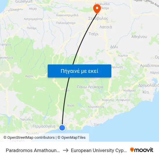 Paradromos Amathountos to European University Cyprus map