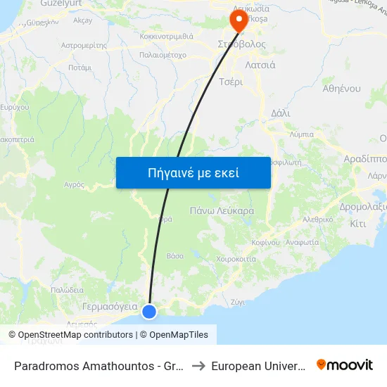 Paradromos Amathountos - Grand Resort Hotel to European University Cyprus map