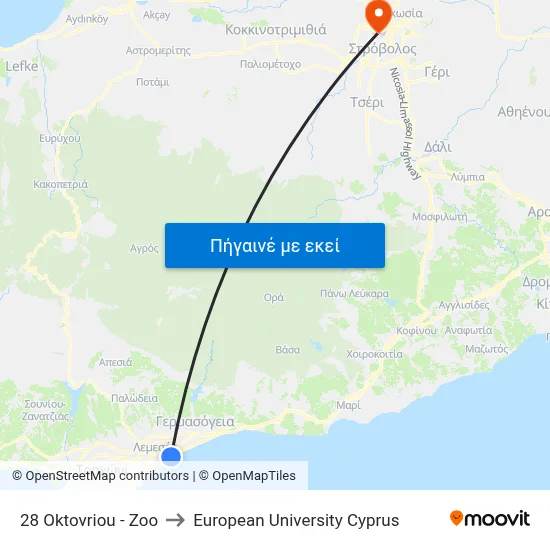 28 Oktovriou - Zoo to European University Cyprus map
