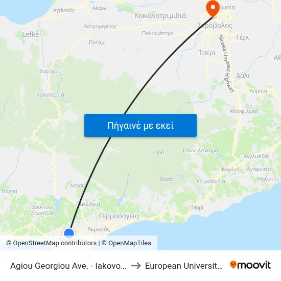 Agiou Georgiou Ave. - Iakovou Patatsou to European University Cyprus map
