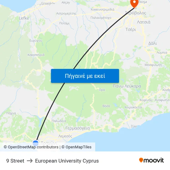 9 Street to European University Cyprus map