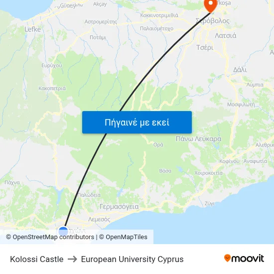 Kolossi Castle to European University Cyprus map