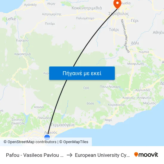 Pafou - Vasileos Pavlou A´ 2 to European University Cyprus map
