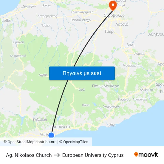 Ag. Nikolaos Church to European University Cyprus map