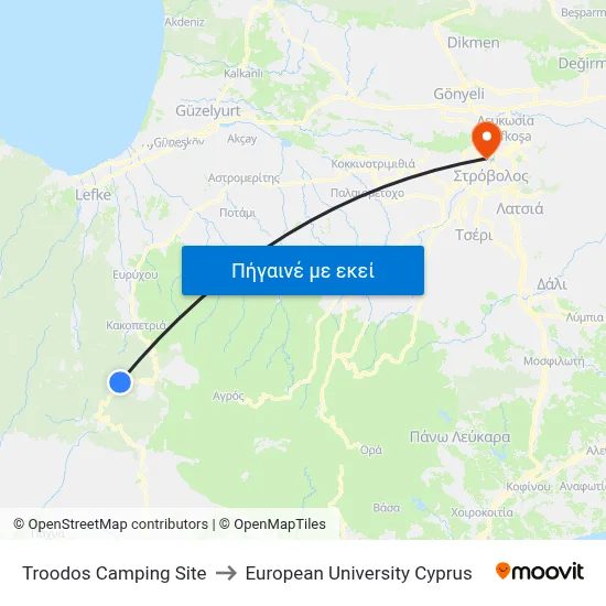 Troodos Camping Site to European University Cyprus map