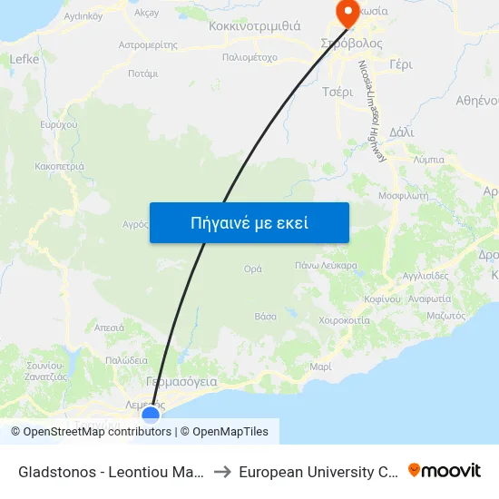 Gladstonos - Leontiou Machaira to European University Cyprus map