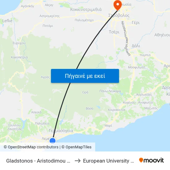 Gladstonos - Aristodimou Pilavaki to European University Cyprus map