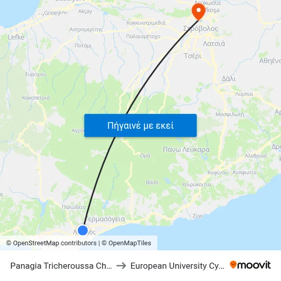 Panagia Tricheroussa Church to European University Cyprus map