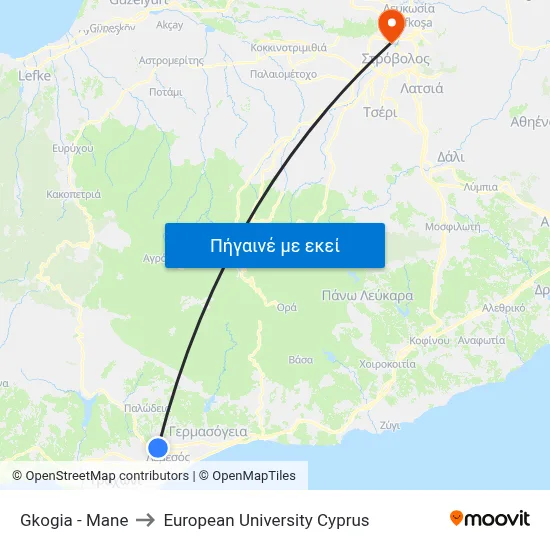 Gkogia - Mane to European University Cyprus map