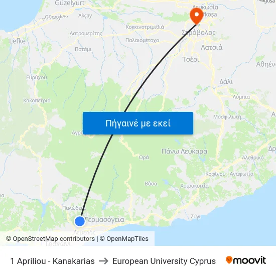 1 Apriliou - Kanakarias to European University Cyprus map