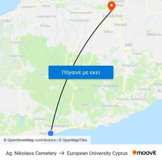 Ag. Nikolaos Cemetery to European University Cyprus map
