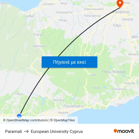 Paramali to European University Cyprus map