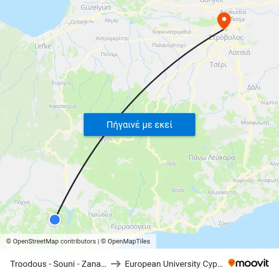 Troodous - Souni - Zanakia to European University Cyprus map