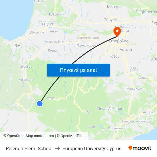 Pelendri Elem. School to European University Cyprus map